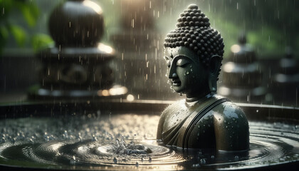 A Buddha statue in the rain, with water droplets creating ripples in a surrounding pool.