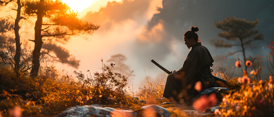 Obraz na płótnie Canvas calm meditation of samurai japan.