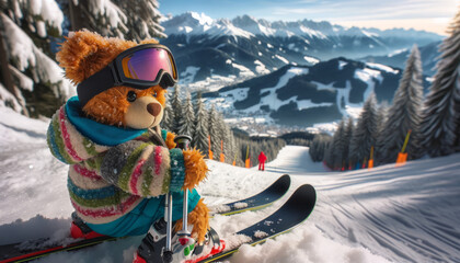 A teddy bear wearing ski gear, including a colorful ski jacket, goggles, and skis, poised at the top of a snowy mountain slope.