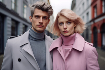 Man Wearing A Grey Coat And Woman In Pink Jacket