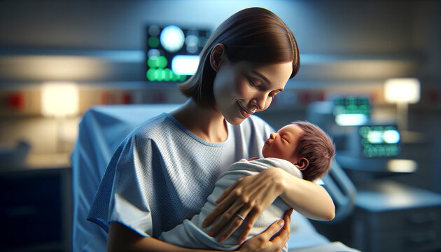 A mother cradling her newborn in a hospital room.