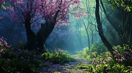 Fototapeten Magical spring forest, enchanting wood in pink, green hues and with blue light coming trough the trees, blossoms. Dream of beautiful nature, season renewal. Background. © Caphira Lescante