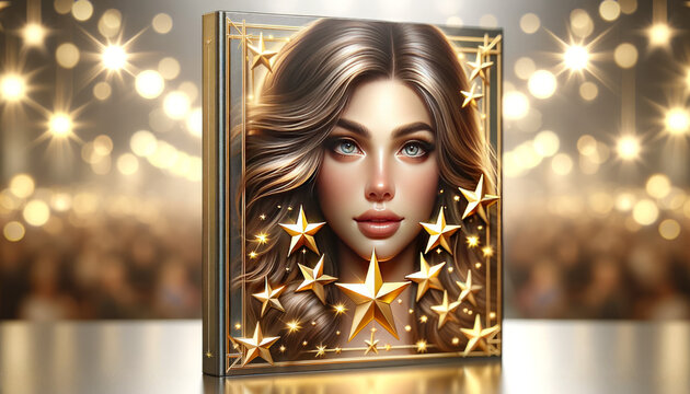 A photorealistic image of a book cover design for a celebrity biography with a star theme.
