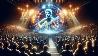 An image of a virtual music concert with a live hologram of a performer. - obrazy, fototapety, plakaty