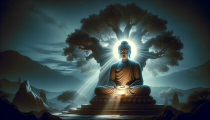 The Buddha's enlightenment depicted with a radiant light emanating from him, set in a serene night landscape.