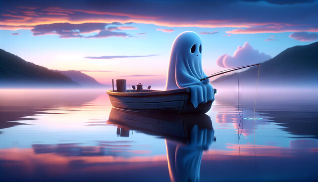 A whimsical animated art style image of a ghost peacefully fishing on a serene lake at dawn.