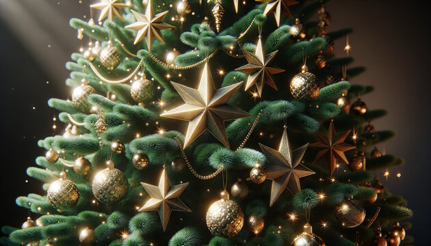 A photorealistic image of a festive Christmas tree decorated with gold star ornaments.