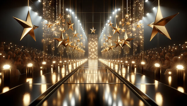A photorealistic image of a fashion runway backdrop with gold stars and lights.