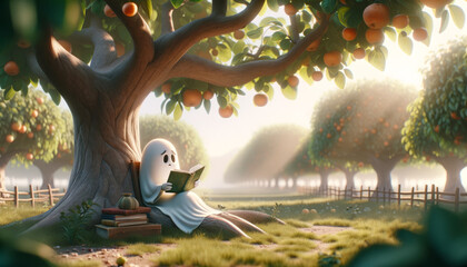 A whimsical animated art style image of a ghost reading under a tree in a peaceful orchard.