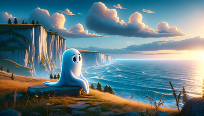 A whimsical animated art style image of a ghost sitting on a peaceful cliff overlooking the ocean.
