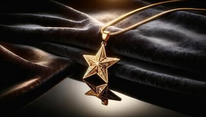 Fototapeta premium A photorealistic image of a star-shaped gold pendant necklace on a velvet background.