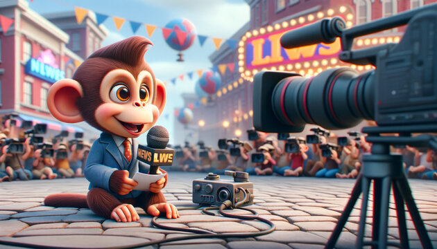 A whimsical animated-style image of a monkey journalist reporting live from a news scene.