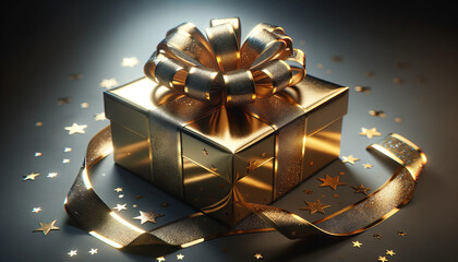 A photorealistic image of an anniversary gift wrapped in gold paper with starry ribbon. - Powered by Adobe