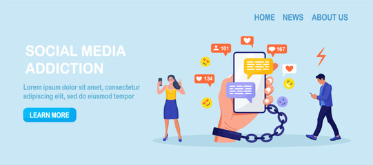 Social media addiction. People addicted to smartphones. Man, woman holding phones, surfing internet, chatting. Hand with handcuff chained with phone