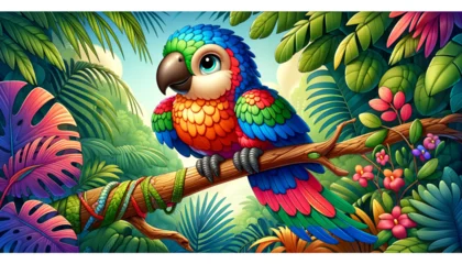 Fototapeten A whimsical, animated art style image of a colorful parrot perched on a tropical branch. © FantasyLand86
