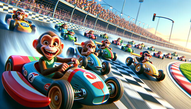 A whimsical animated-style image of monkeys participating in a car race.