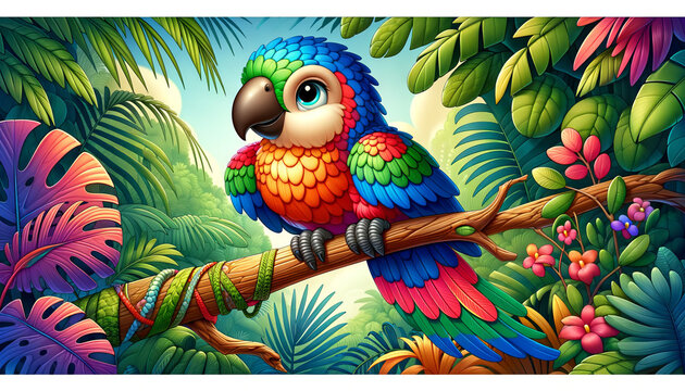 A whimsical, animated art style image of a colorful parrot perched on a tropical branch.