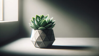A photo-realistic image of a lone succulent plant in a geometric pot.