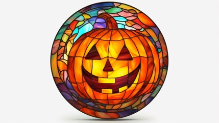 Stained Glass CIRCULAR HALLOWEEN evil pumpkin SET IN.Generative AI