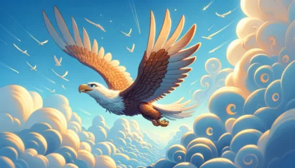 Zelfklevend Fotobehang A whimsical, animated art style image of a majestic eagle soaring against a clear blue sky. © FantasyLand86