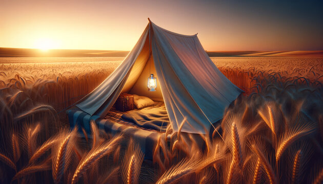 A canvas tent pitched for camping in a wheat field.