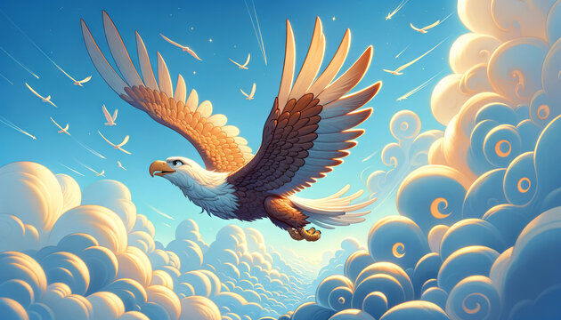 A whimsical, animated art style image of a majestic eagle soaring against a clear blue sky.