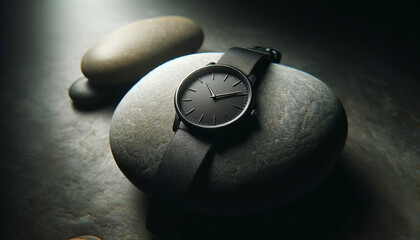 A photo-realistic image of a plain black wristwatch on a smooth stone.
