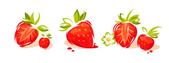 Strawberry fruits on white, set of vector elements - 702287633
