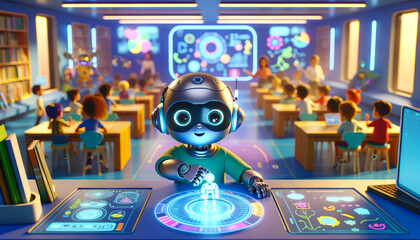 A whimsical, animated depiction of a child prodigy cyborg demonstrating advanced learning capabilities.