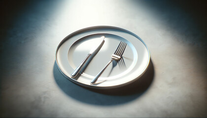 A photo-realistic image of a simple white plate with a single fork and knife on either side.
