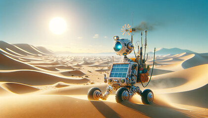 A whimsical, animated depiction of a desert nomad cyborg in a harsh desert environment.