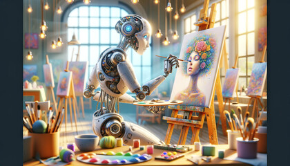 A whimsical, animated depiction of a cyborg artist creating a masterpiece with mechanical hands.