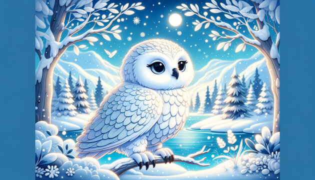 A whimsical, animated art style image of a snowy owl in a winter landscape.
