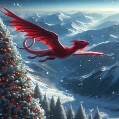 Red snake dragon that fly in the place full of snow around the Christmas tree generated with Ai tool