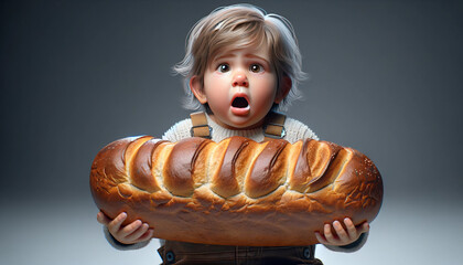 A photorealistic, hyper-detailed image of a child holding a loaf of bread as big as they are, with a surprised expression.