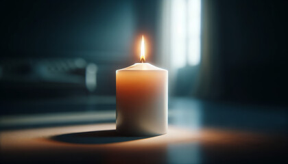 A photo-realistic image of a white candle with a single flame in a dim room.