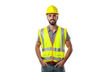 Construction worker, engineer with a safety vest and hardhat on white background. contractor or architect in planning or renovation. ai generative