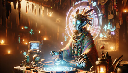A whimsical, animated depiction of a mystical shaman cyborg with a blend of technology and ancient wisdom.