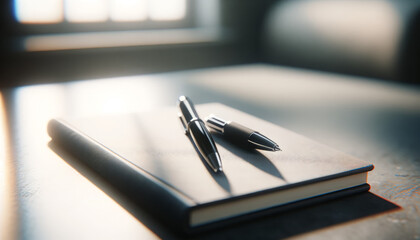 A photo-realistic image of an empty notebook with a black pen on top.