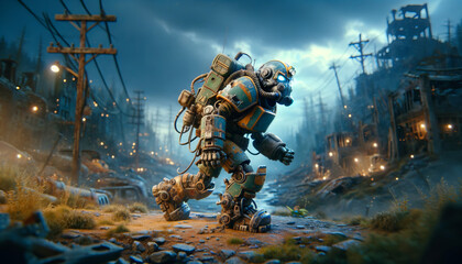 A whimsical, animated depiction of a post-apocalyptic survivor cyborg in a dystopian wasteland.