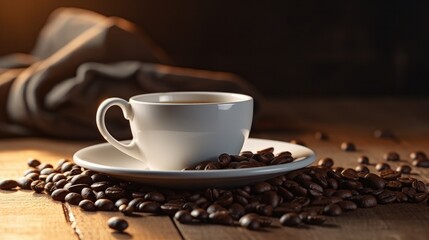 Warm inviting coffee scene with white cup beans on wooden table against dark backdrop