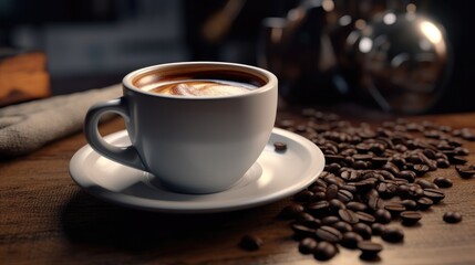 Fototapeta premium Warm inviting coffee scene with white cup beans on wooden table against dark backdrop