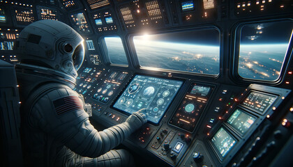 An astronaut is checking spacecraft diagnostics on a touch control panel in a spacecraft cockpit.