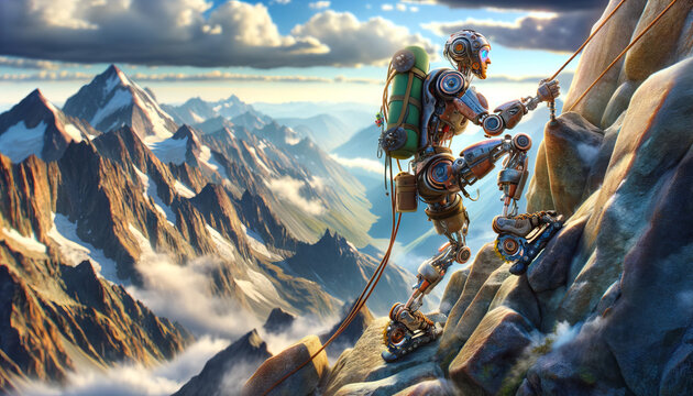 A whimsical, animated depiction of a mountain climber cyborg scaling a treacherous mountain peak.