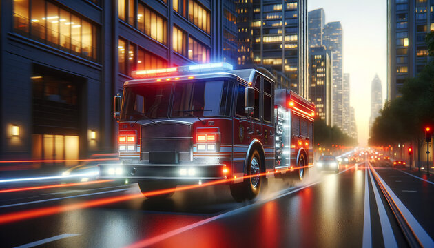 A photo-realistic image of a fire truck rushing through city streets with lights flashing.
