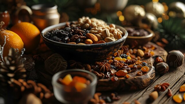 Christmas composition with dried fruits and nuts on wooden table, closeup