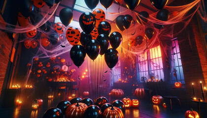 A Halloween-themed setting with black and orange balloons, creating a spooky yet festive atmosphere.