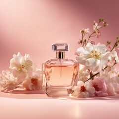 Tender stylish perfume composition, bottles of perfume and flowers