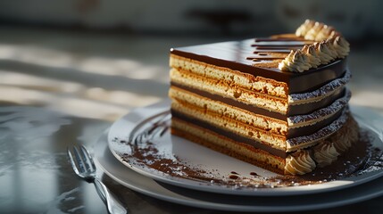 Tiramisu cake on a white plate. Selective focus.