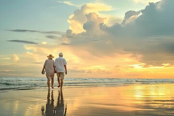 Eternal love. Old mature couple walking on beach at sunset. Romantic getaway. Senior embracing beauty of sunset. Sun kissed moments. Retired enjoying stroll together - Powered by Adobe
